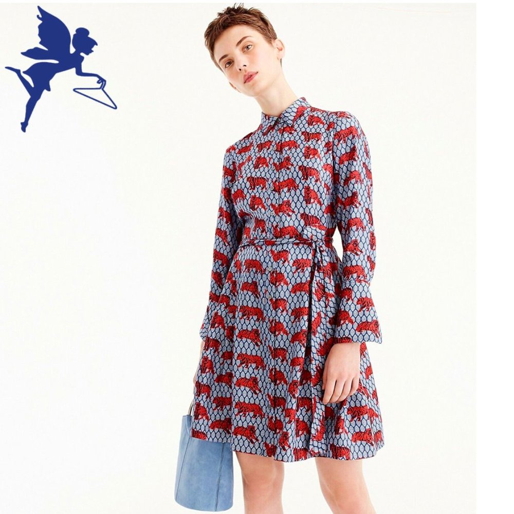 *SOLD* J. CREW COLLECTION BLUE ROAMING TIGER Silk Button Down Shirtdress - Picture 4 of 9